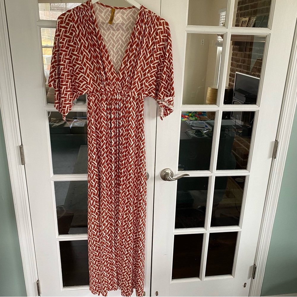 Rachel Pally Maxi Dress Medium Rust and Cream Tribal Print